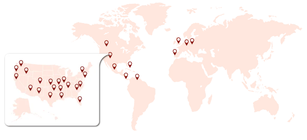 Map showing patients traveling to The Hills Dental Spa in Austin from across the United States and around the world